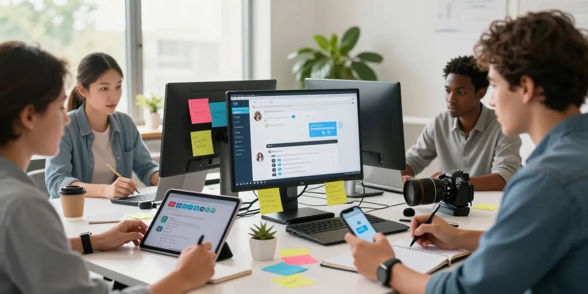 Download Telegram app showcased on a laptop as a diverse team collaborates in a bright, modern workspace.