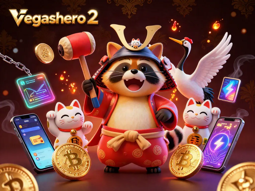 Play at vegashero 2 with cheerful tanuki, Bitcoin coins, and Japanese festival elements in a vibrant casino scene.