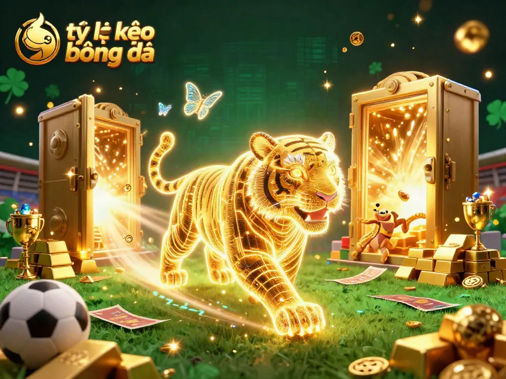 Bet on tỷ lệ kèo bóng đá with a golden tiger in a vibrant digital casino landscape