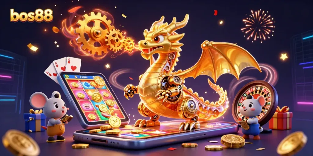 Engage with bos88's vibrant casino experience featuring a golden dragon and thrilling gameplay elements.