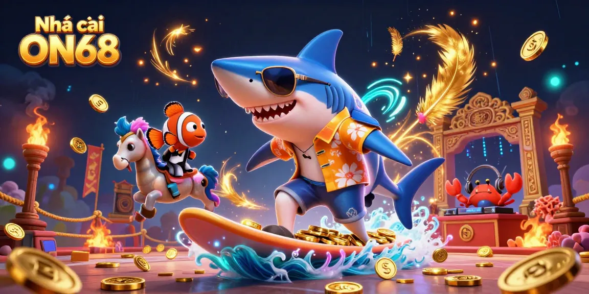 Engaging scene with Nhà cái ON68 featuring a shark on gold coins, a tuxedo clownfish, and a DJ crab.