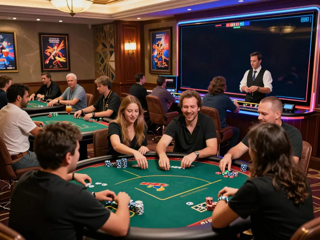 Engaging online casino gameplay at man88 with players and colorful ambiance.
