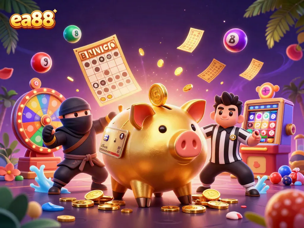 Bet on exciting games with a golden piggy banker and colorful lottery elements in the ea88 casino.