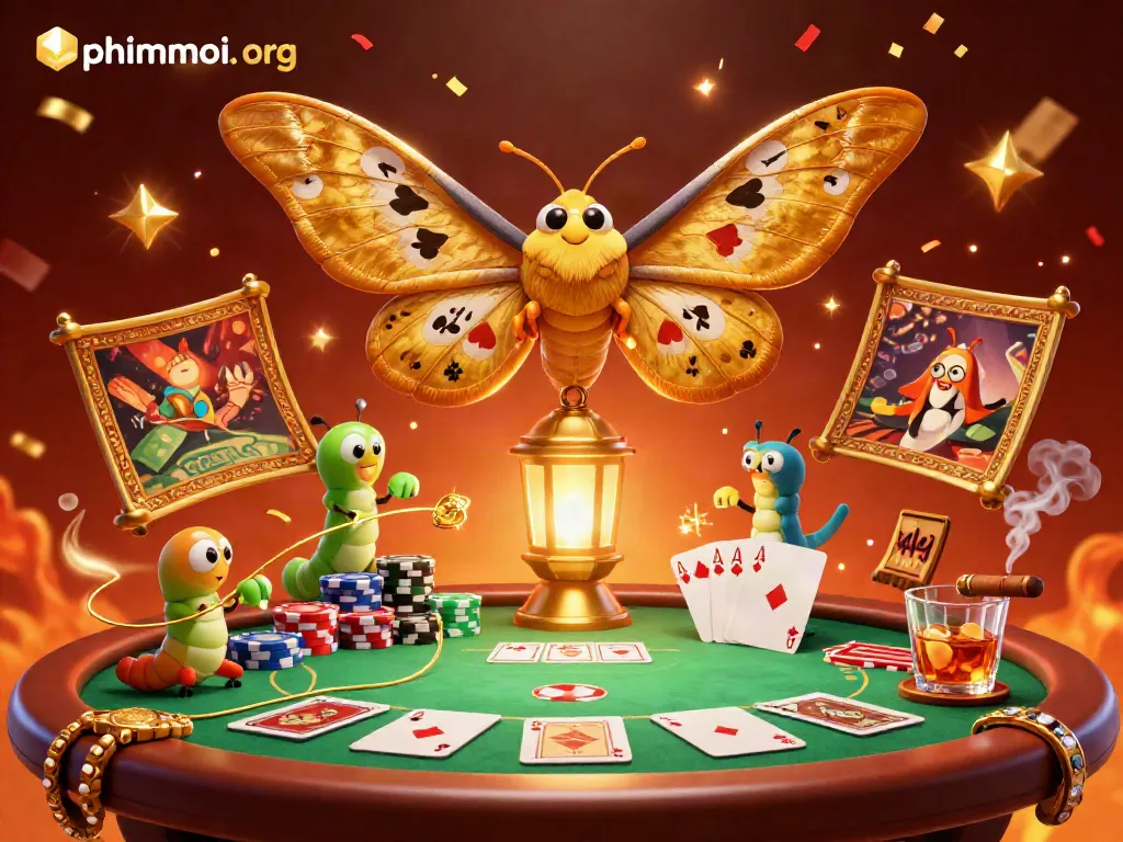 Engage with phimmoi. org at the exciting casino scene featuring a golden-winged moth and dynamic poker elements.