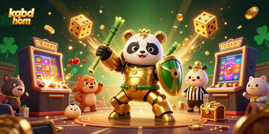 Engage with kqbd hom visually featuring a dynamic scene of a panda in a mech suit battling in a casino arena