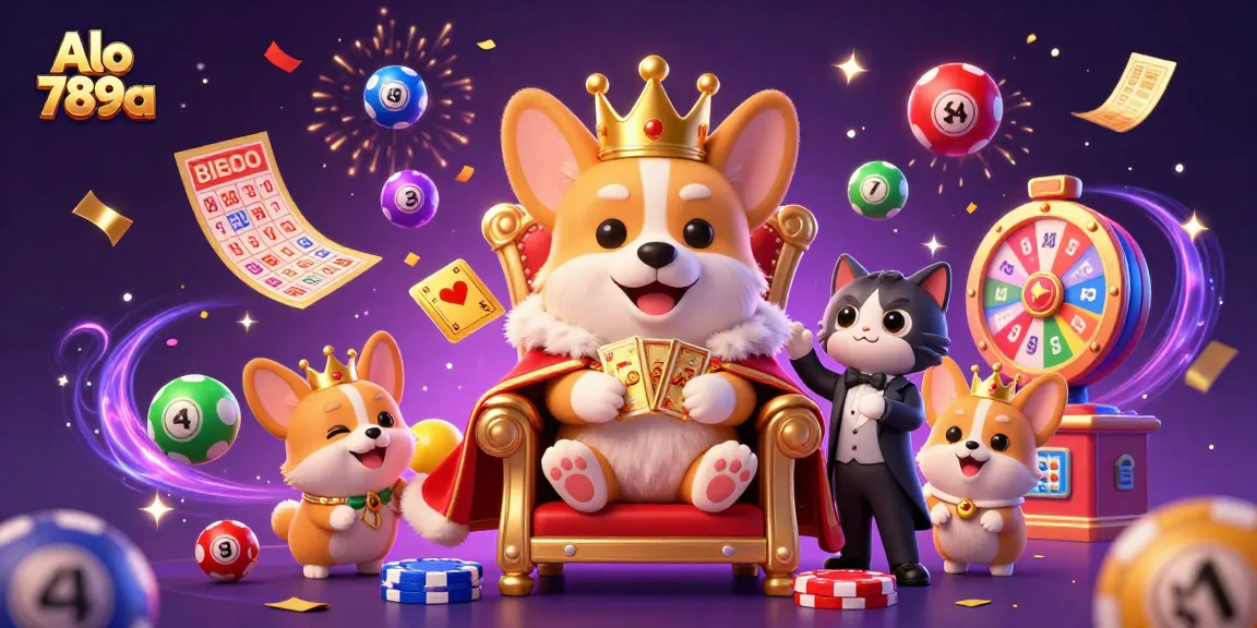 Alo 789a promotes exciting gambling experiences with a 3D royal corgi throne and dynamic game elements.