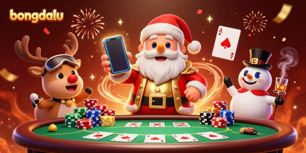 Bongdalu offers a festive 3D casino scene with characters celebrating gaming wins amidst poker games and jackpots.