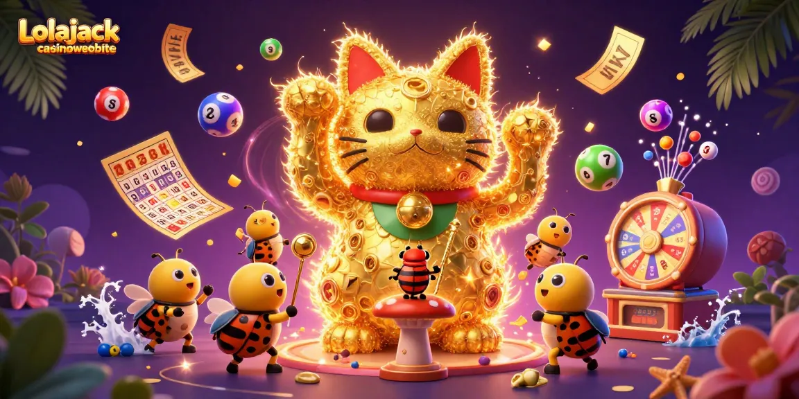 Experience the vibrant world of gambling with the Lolajack casinowebsite featuring colorful lottery elements and a lucky cat.
