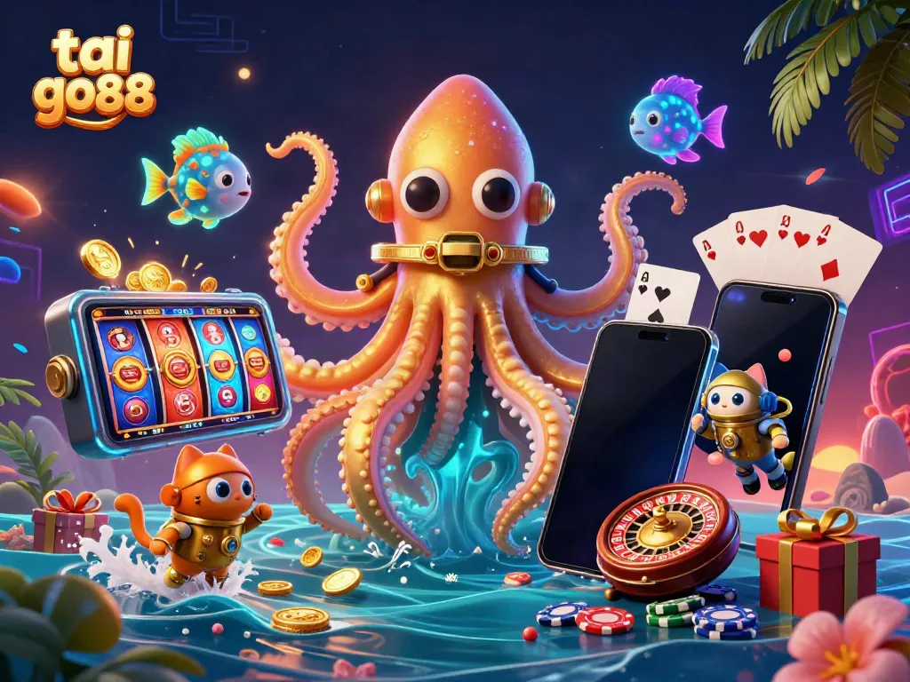 Join the gaming excitement with tai go88 as the kraken and diving cat explore a treasure-filled ocean.