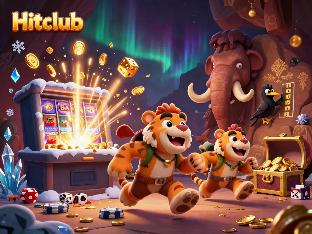 Engage with Hitclub's lively prehistoric casino scene featuring cartoon characters and dynamic gaming elements.