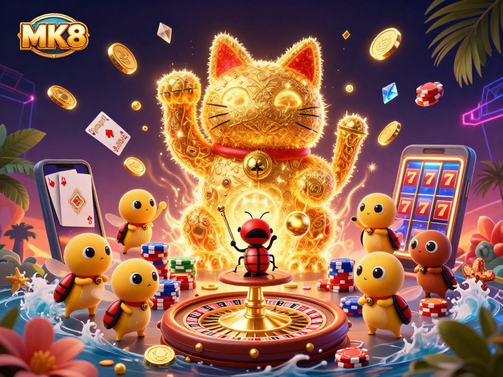Engaging MK8 casino scene featuring a lucky cat made of fireflies and vibrant gaming elements.