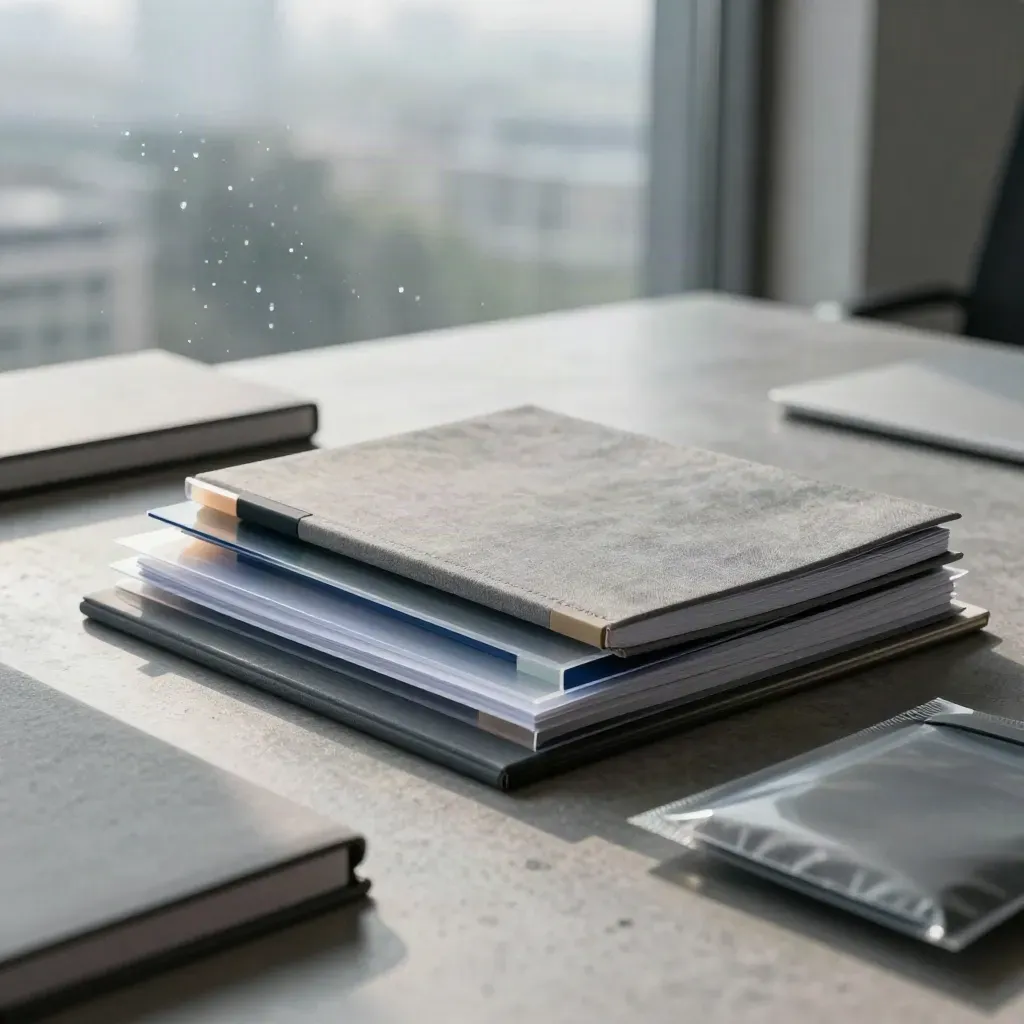 Natte beleidsdossiers, transparante overlays en een stenen werktafel in een modern adviesinterieur.