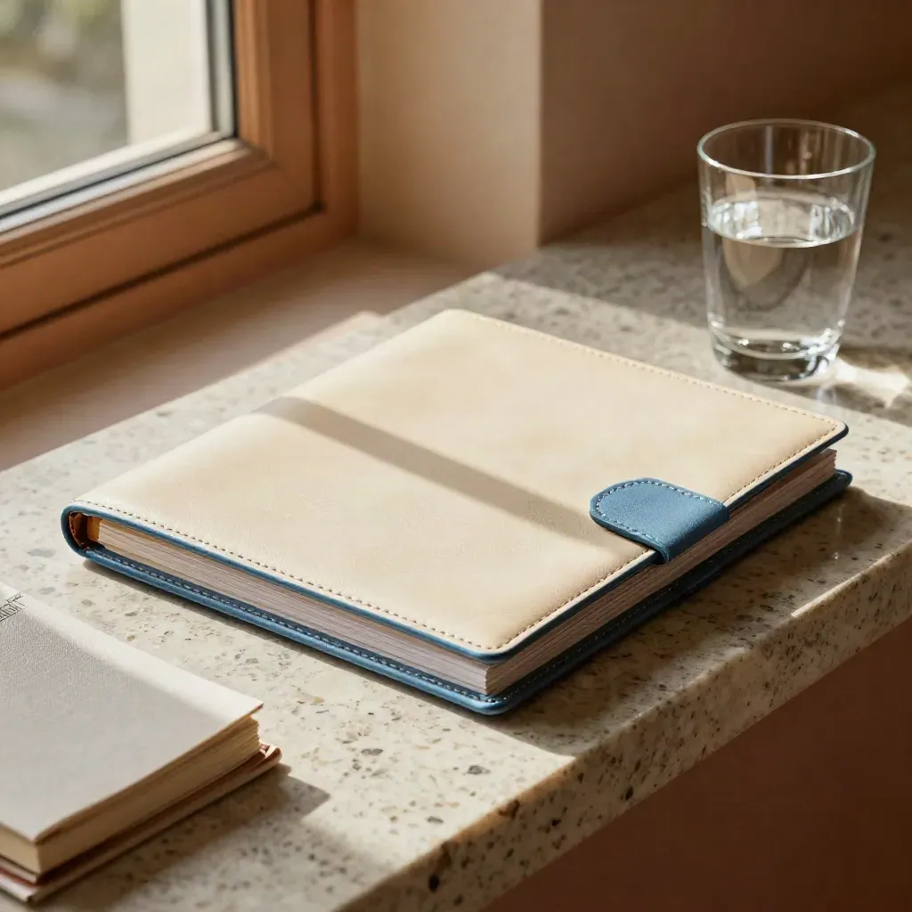 Verzegelde presentatiemap met kaartjes, notitieblok en waterglas op travertin.