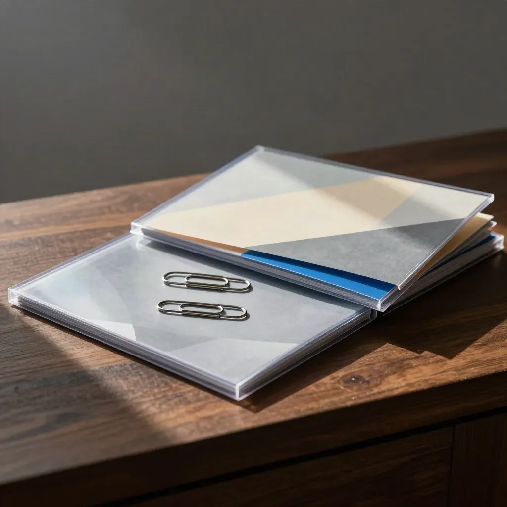 Open transparante sleeves, paperclips en gevouwen routebord op een donker houten blok.