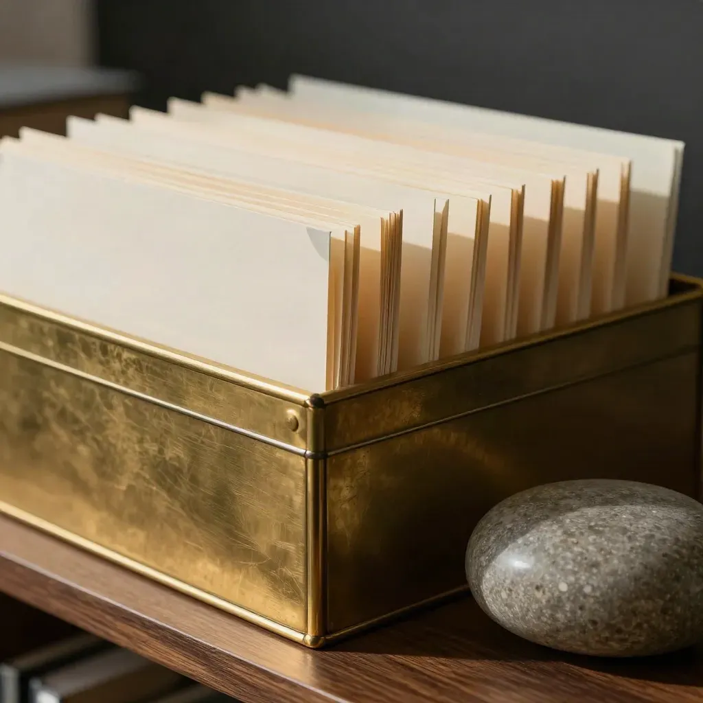 Brass archiefdoos met contactfiches en stenen papiergewicht in zacht rakinglicht.