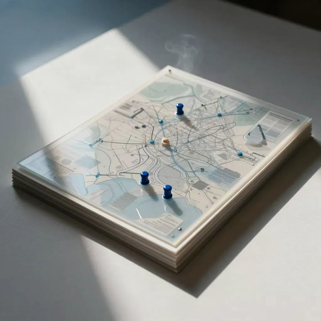Transparante beleidslagen, blauwe markeerstekers en een neutrale kaartplaat op zacht pleister.