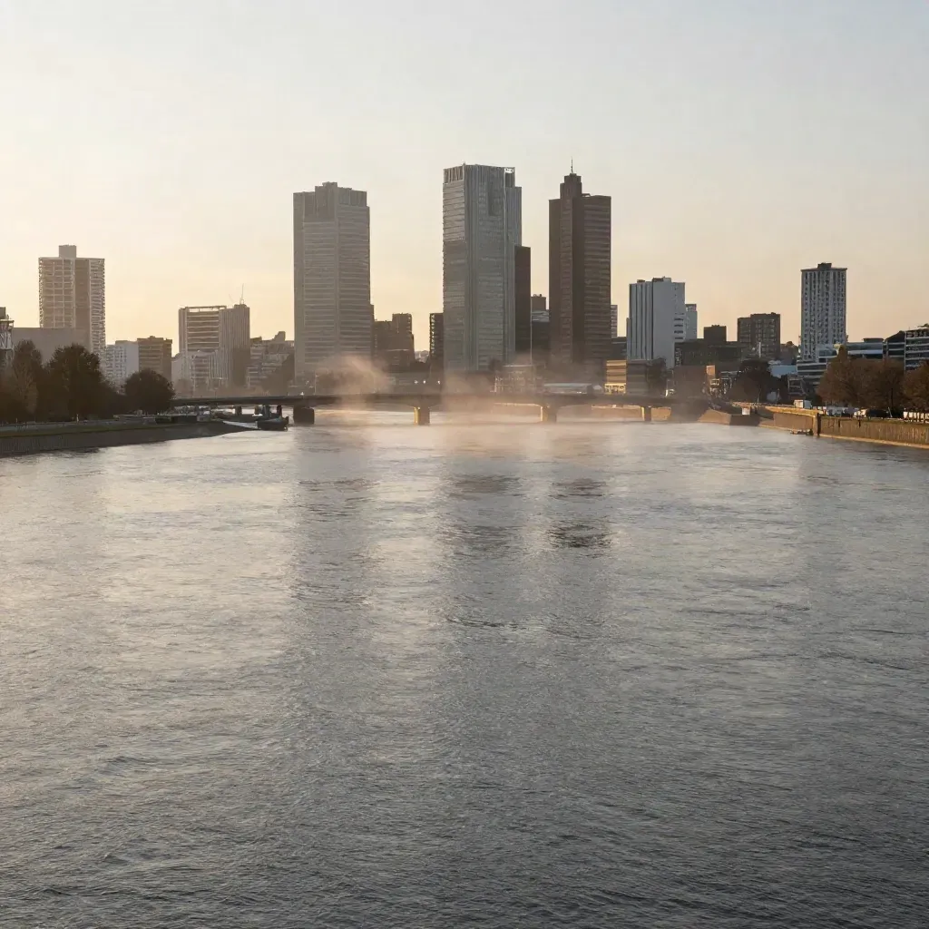 Rotterdamse skyline en Maas in gouden ochtendmist, met brugsilhouet en rustige ruimte.