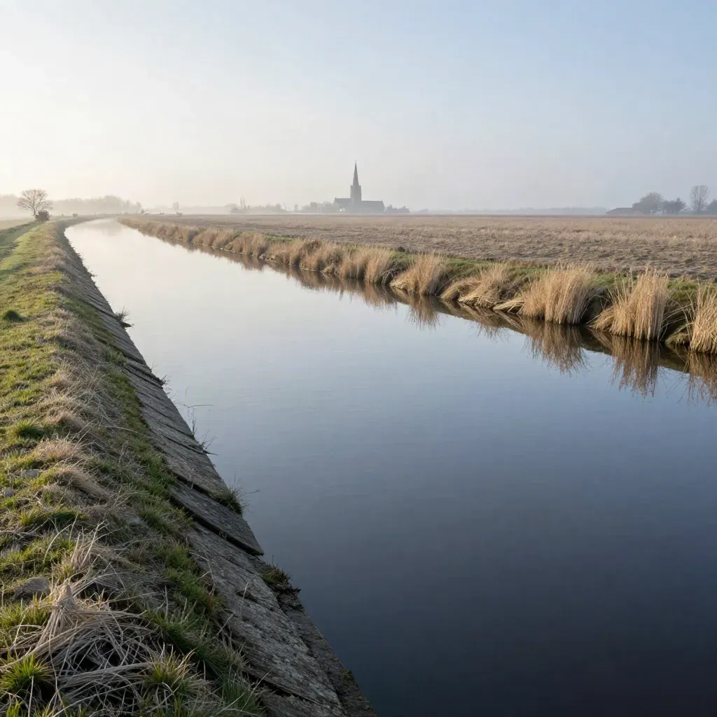 Mistig polderland met watergangen, dijken en een verre toren onder zilveren lucht.