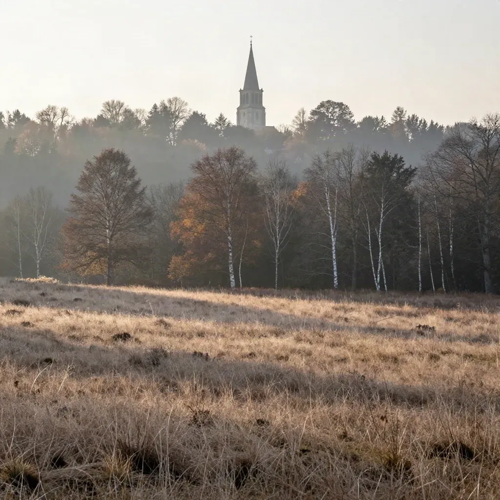 Veluwe-ochtend met verre kerktoren, herfstbomen en nevel boven rustige heide