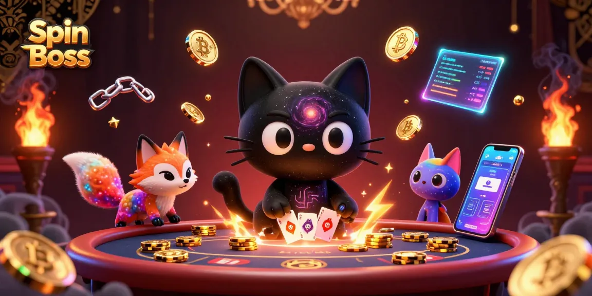Spin Boss captivates with its cosmic casino scene, featuring a black hole cat and colorful nebula fox amid glowing cryptos.