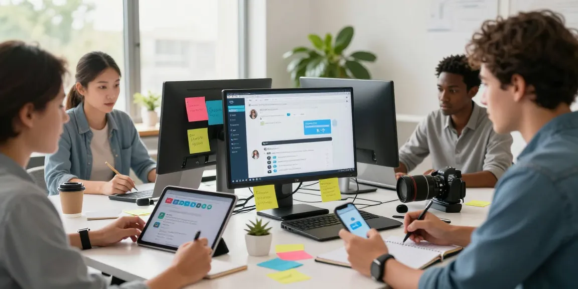 Download Telegram app showcased on a laptop as a diverse team collaborates in a bright, modern workspace.