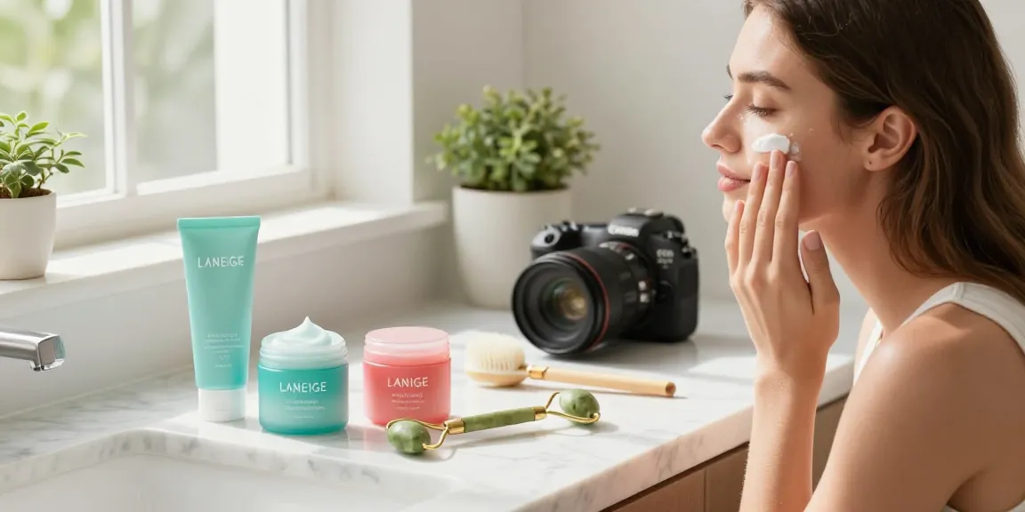 Een vrouw die Laneige huidverzorgingsproducten aanbrengt in een moderne badkamer.