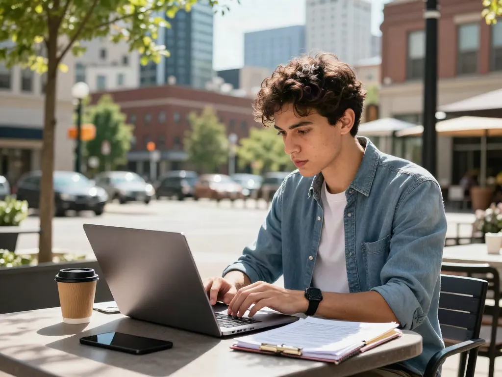 Professional exploring options at https://edmonton.paydayloans-on.ca in an urban café setting.