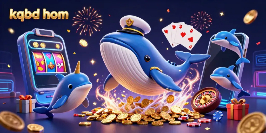 KQBD hom showcases a lively casino scene with a whale, narwhal, and playful dolphins amid coins and games.