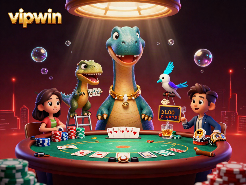 Engage in thrilling poker action at vipwin with a dinosaur dealer in a vibrant casino.