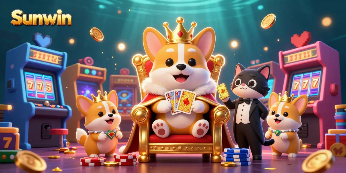 Engage with Sunwin's thrilling gaming experience featuring a royal corgi on a throne of poker chips.