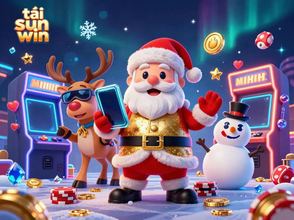 Play and win with tải sun win in a vibrant casino scene featuring Santa Claus and friends