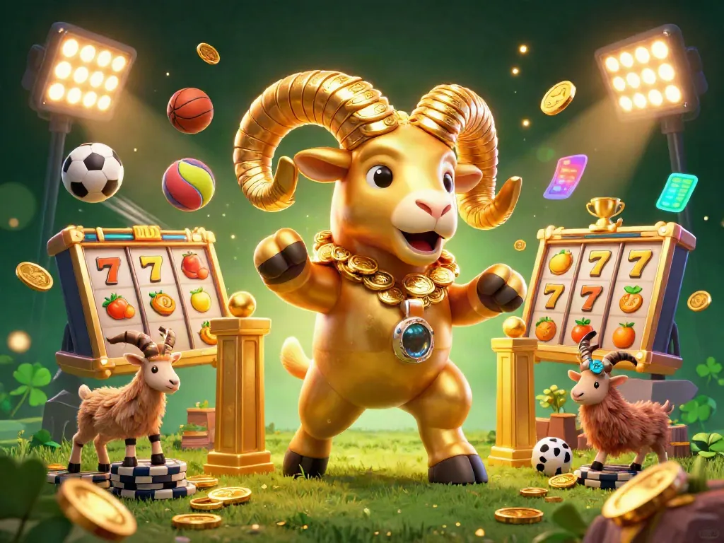 Experience thrilling slot action with a golden ram charging through a vibrant casino scene filled with slot reels.