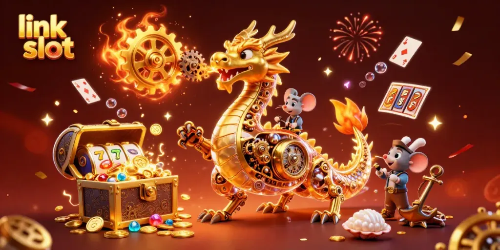 Win big with link slot jackpots featuring a golden dragon and exciting casino symbols.