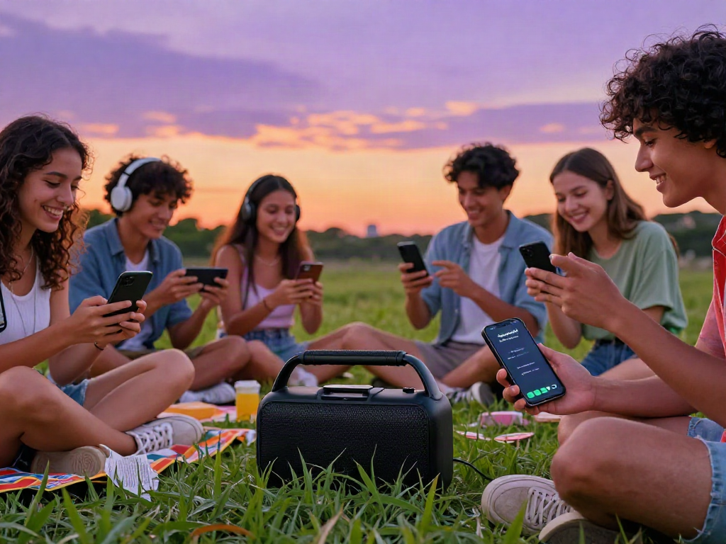 Friends enjoying music outdoors with SpotiGeek Spotify Premium APK on devices.
