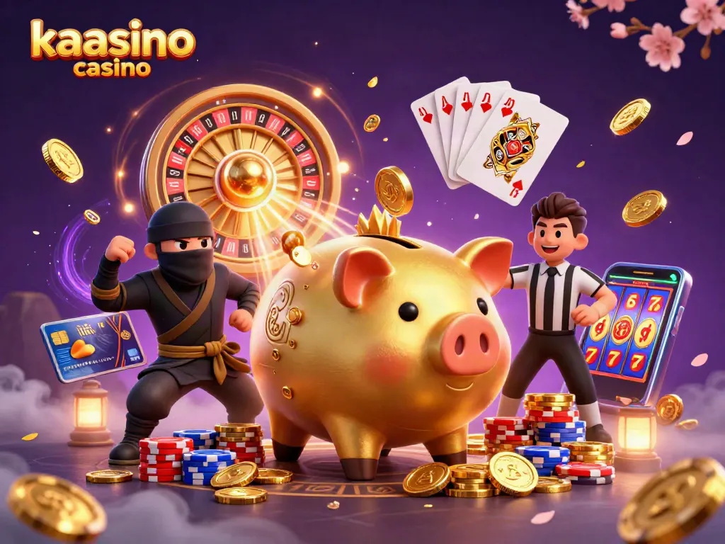 Engaging scene at kaasino casino featuring a golden piggy bank sumo wrestler surrounded by coins and gaming elements.