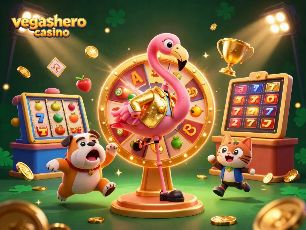 Experience the excitement of vegashero casino with a dynamic 3D illustration filled with elements of slot games.