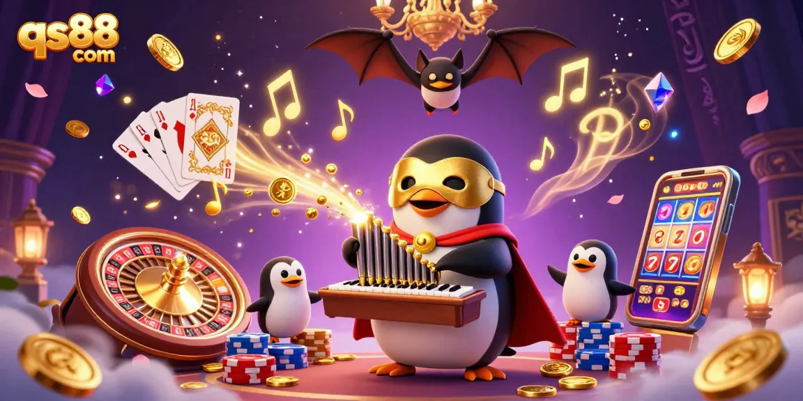 Experience thrilling gameplay at qs88 com with a vivid illustration of an exciting casino scene featuring a penguin and golden coins.