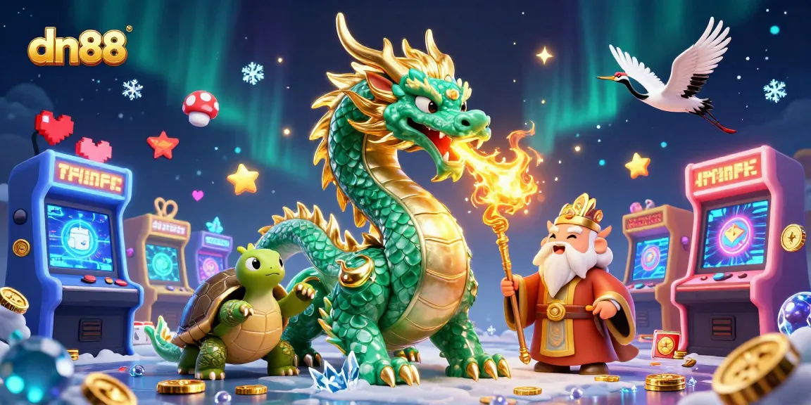 Play exciting games at dn88, featuring a jade dragon, sage, and flying cranes in a vibrant casino scene.