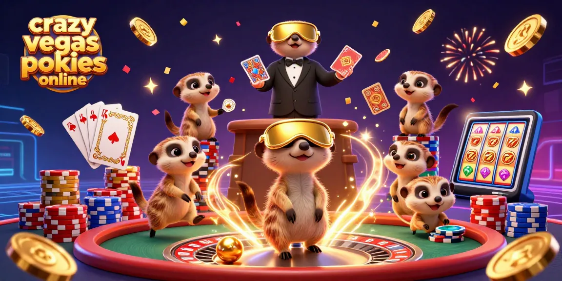 Cascading coins and festive meerkats embody excitement at crazy vegas pokies online casino.